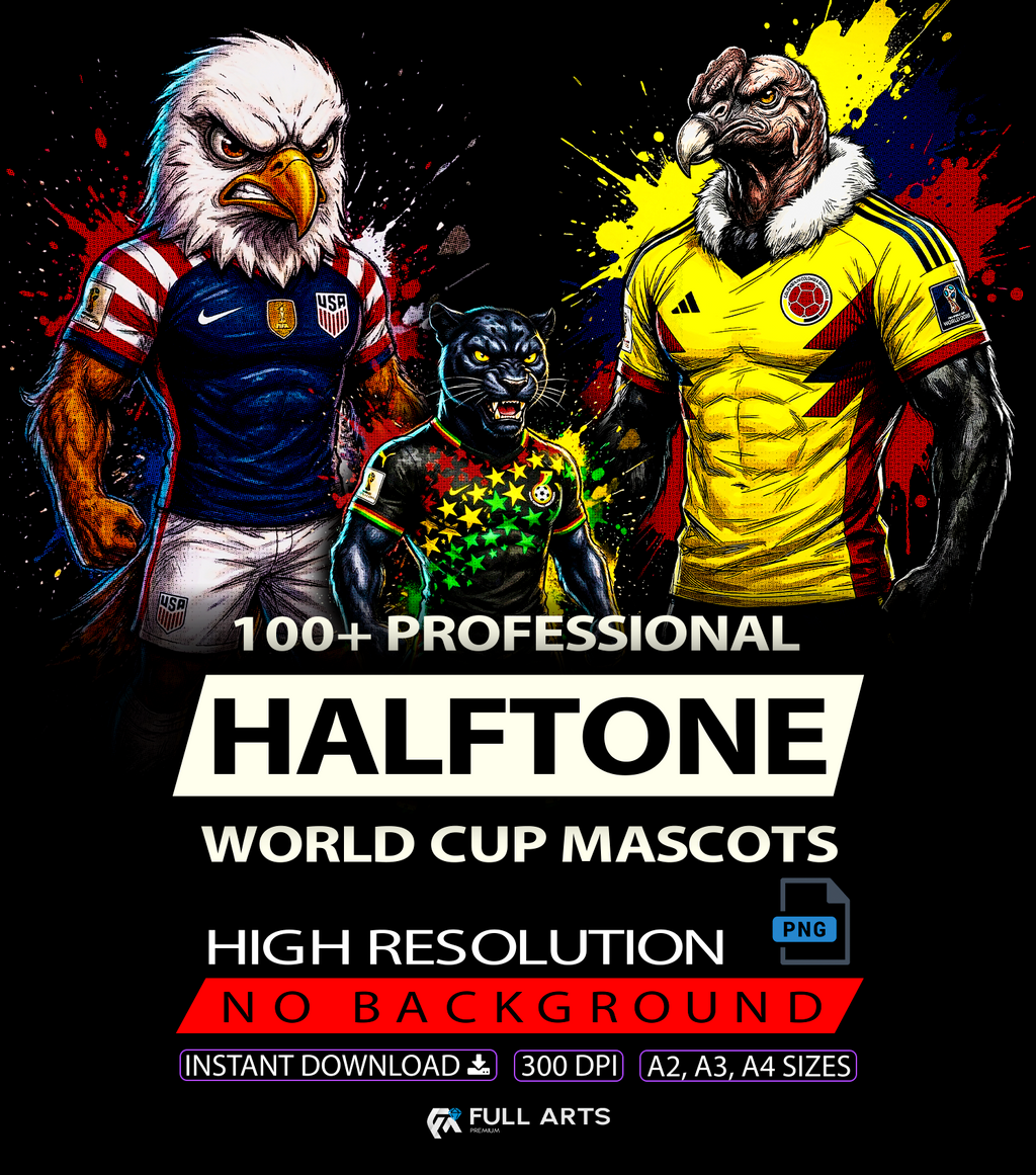 Pack de más de 100 diseños de mascotas del Mundial con efecto semitono